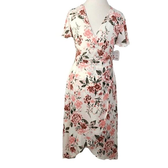 Time and Tru Wrap Dress White Pink Floral - Picture 1 of 13